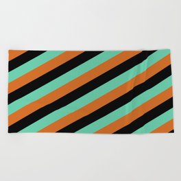 [ Thumbnail: Black, Aquamarine, and Chocolate Colored Pattern of Stripes Beach Towel ]