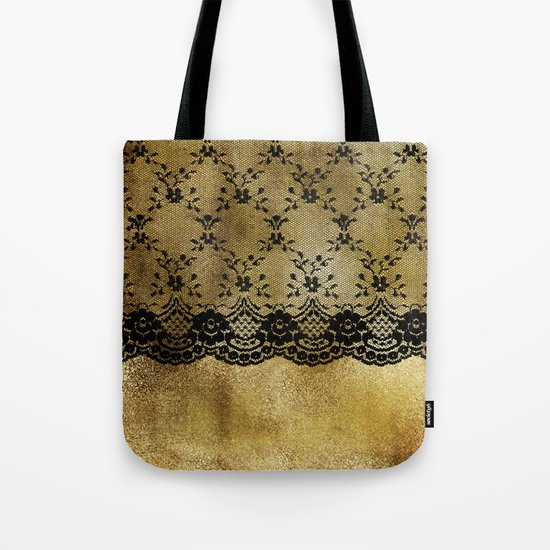 Black floral elegant lace on gold metal background- #Society6 Tote Bag