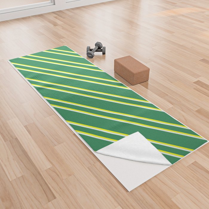 Sea Green, Yellow, and Mint Cream Colored Lined/Striped Pattern Yoga Towel