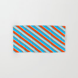 [ Thumbnail: Red, Deep Sky Blue & Powder Blue Colored Lined Pattern Hand & Bath Towel ]