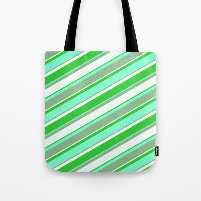 Aquamarine, Dark Sea Green, Mint Cream & Lime Green Colored Lined Pattern Tote Bag