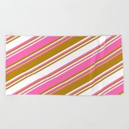 [ Thumbnail: Dark Goldenrod, White, and Hot Pink Colored Stripes/Lines Pattern Beach Towel ]