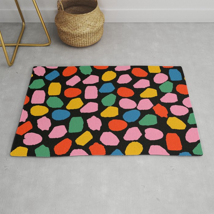 Ink Dots Colorful Mosaic Pattern in Rainbow Pop Colors on Black Rug