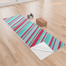 [ Thumbnail: Turquoise, Crimson, and Light Blue Colored Lined Pattern Yoga Towel ]
