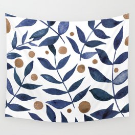 Watercolor berries and branches - indigo and beige Wall Tapestry