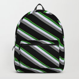 [ Thumbnail: Light Salmon, Forest Green, Lavender, Gray, and Black Colored Stripes/Lines Pattern Backpack ]