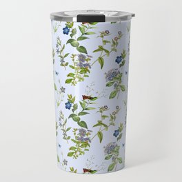 Periwinkle Flowers Meadow on The Blue Sky - Vintage Botanical Illustration Collage  Travel Mug