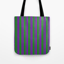 [ Thumbnail: Dark Violet and Forest Green Colored Stripes/Lines Pattern Tote Bag ]