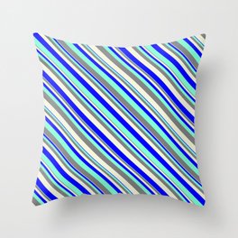 [ Thumbnail: Aquamarine, Grey, Beige & Blue Colored Pattern of Stripes Throw Pillow ]