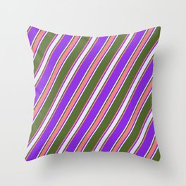 [ Thumbnail: Dark Olive Green, Light Coral, Purple & Lavender Colored Stripes/Lines Pattern Throw Pillow ]