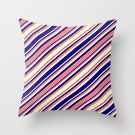 [ Thumbnail: Light Coral, Light Yellow, and Blue Colored Lined/Striped Pattern Throw Pillow ]