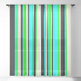 [ Thumbnail: Beige, Lime, Aqua, and Black Colored Lines Pattern Sheer Curtain ]