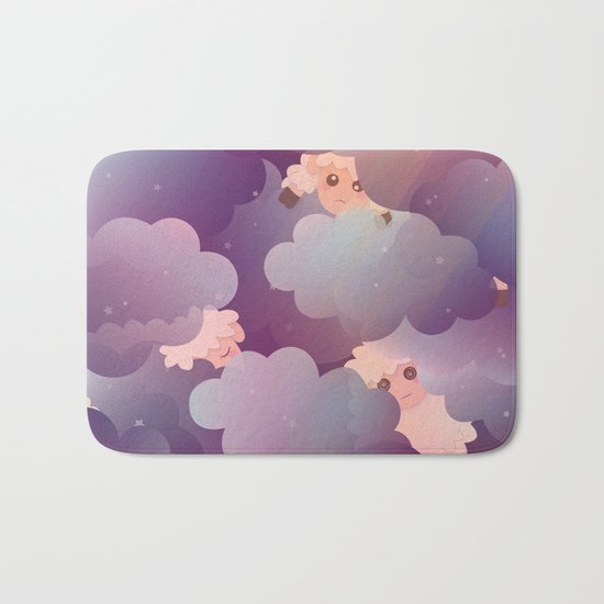 Heavenly Baby Sheep II - Wine Purple / Plum Color, Star Night Sky Background Bath Mat