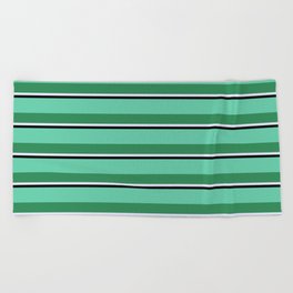 [ Thumbnail: Aquamarine, Sea Green, Lavender, and Black Colored Striped/Lined Pattern Beach Towel ]