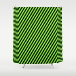 [ Thumbnail: Green and Black Colored Lined Pattern Shower Curtain ]