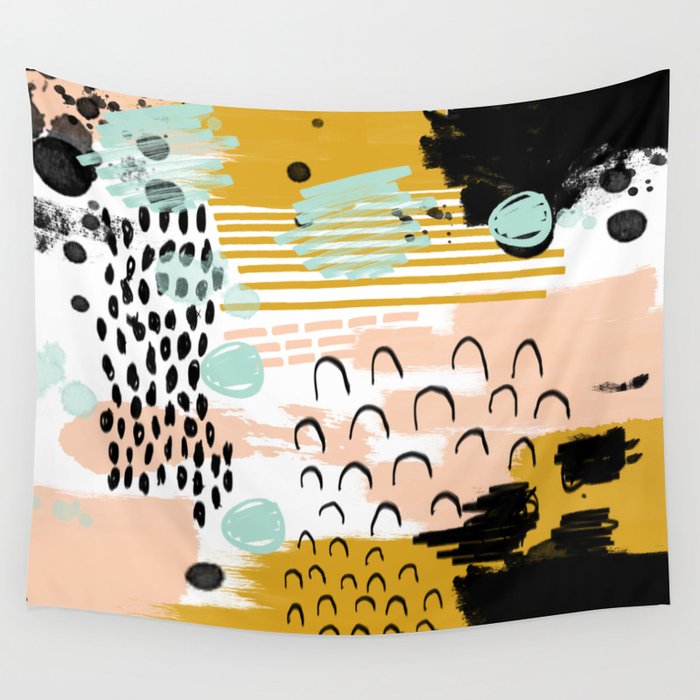 Ames Abstract Painting In Free Style With Modern Colors Navy Gold Blush White Mint Wall Tapestry By Charlottewinter Society6