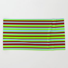 [ Thumbnail: Sky Blue, Green & Dark Red Colored Lined Pattern Beach Towel ]