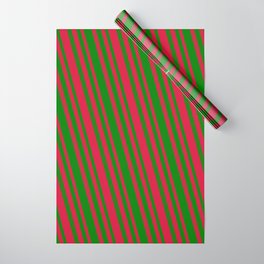 [ Thumbnail: Green and Crimson Colored Lined/Striped Pattern Wrapping Paper ]
