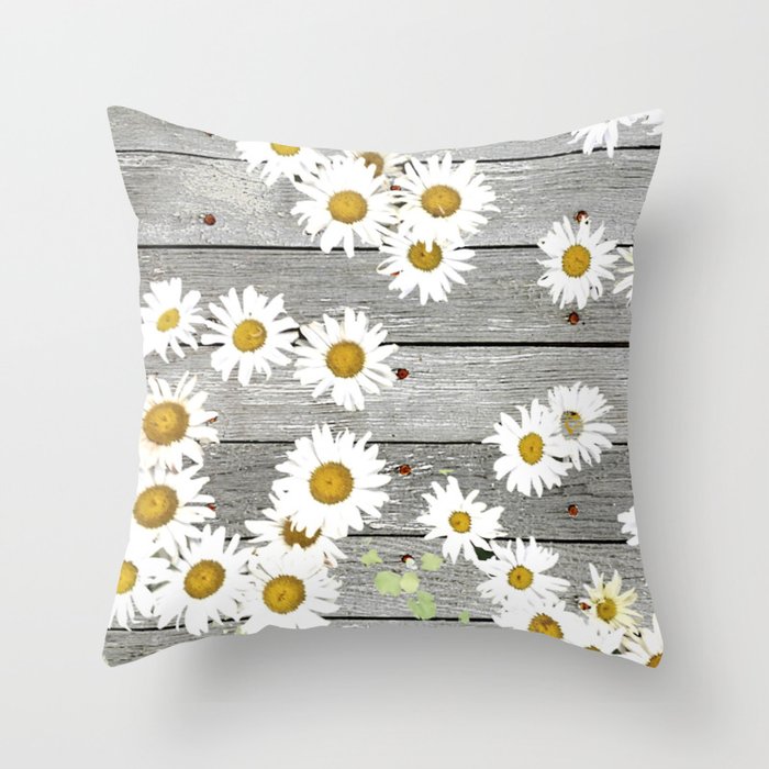 Daisies Scattered on a Wooden Floor Throw Pillow