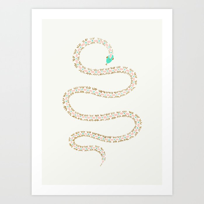 Cute snake in pink green and gold paint Art Print