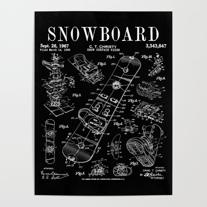 Snowboard Winter Snowboarding Vintage Patent Drawing Print Poster