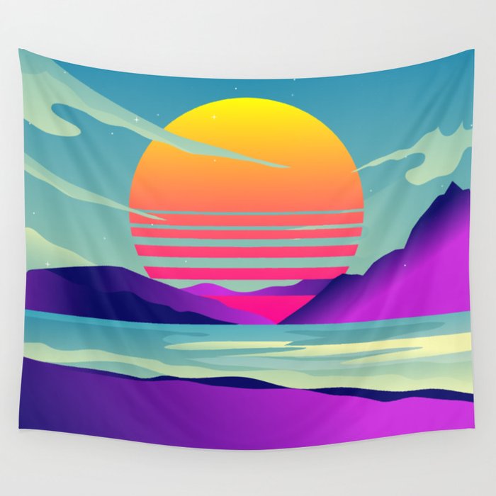 Blissful Sunset Retrowave Wall Tapestry