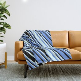[ Thumbnail: Cornflower Blue, Black, and Light Cyan Colored Striped Pattern Throw Blanket ]
