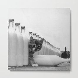 You Did Not See That! - Kittens knocking over Glass Bottles of Milk black and white photograph / photography Metal Print