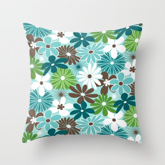 Retro Hippie Flowers // Blue, Green, Brown, White Throw Pillow