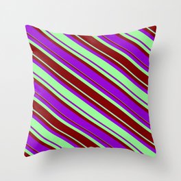 [ Thumbnail: Green, Maroon, and Dark Violet Colored Lined/Striped Pattern Throw Pillow ]