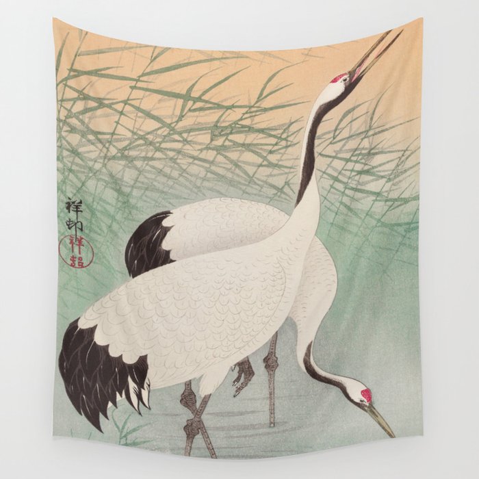 Two cranes in the lake - Japanese vintage woodblock print Wall Tapestry