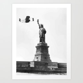 1909 Wilbur Wright, of Wright brothers fame, flies a Wright Type A plane by the Statue of Liberty black and white photograph Art Print