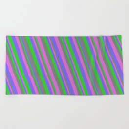 [ Thumbnail: Medium Slate Blue, Lime Green, Gray, and Orchid Colored Lined Pattern Beach Towel ]