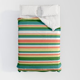 [ Thumbnail: Eyecatching Red, Tan, Dark Green, Teal, and White Colored Stripes/Lines Pattern Comforter ]