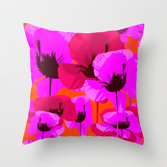 Pink And Red Poppies On A Orange Background - Summer Juicy Color Palette Retro Mood #decor #society6 Throw Pillow