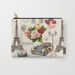 Seamless Paris vintage background with retro car, roses and Paris symbols Carry-All Pouch