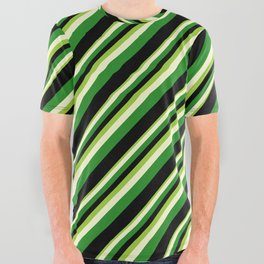 [ Thumbnail: Green, Light Yellow, Forest Green & Black Colored Stripes Pattern All Over Graphic Tee ]