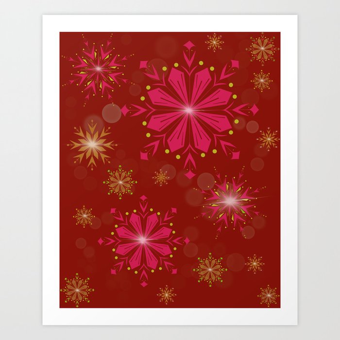 Winter Snowflakes Red & Gold Art Print