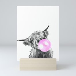Bubble Gum Highland Cow Black and White Mini Art Print