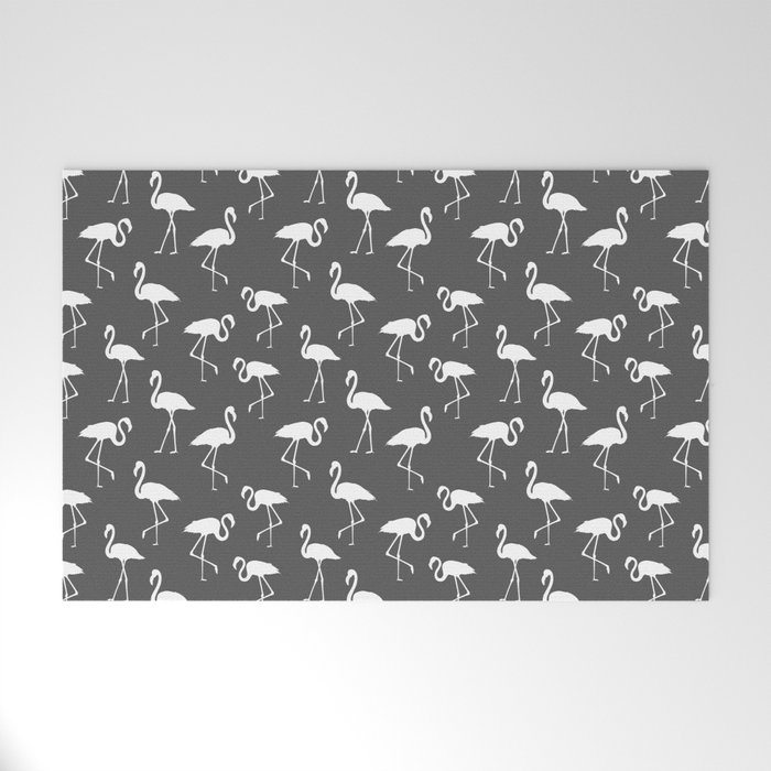 White flamingo silhouettes seamless pattern on dark grey background Welcome Mat