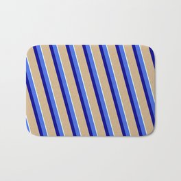 [ Thumbnail: Royal Blue, Dark Blue, Tan & Light Cyan Colored Stripes/Lines Pattern Bath Mat ]
