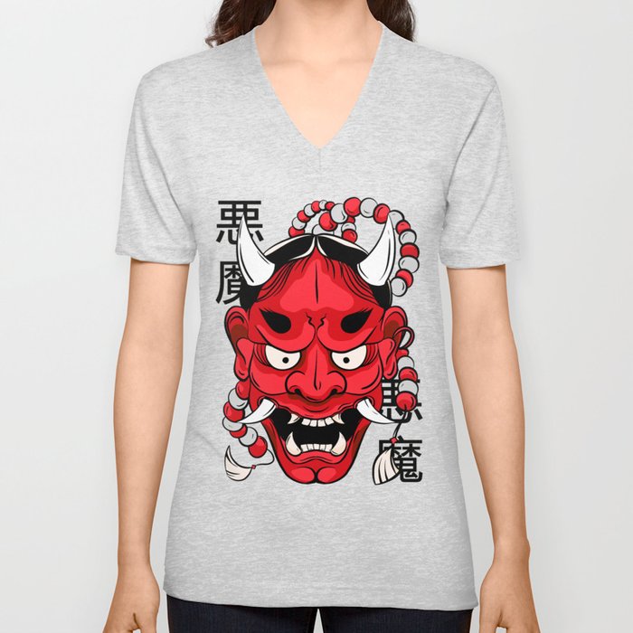 Japanese Samurai Hannya Demon Mask Kanji Letters V Neck T Shirt