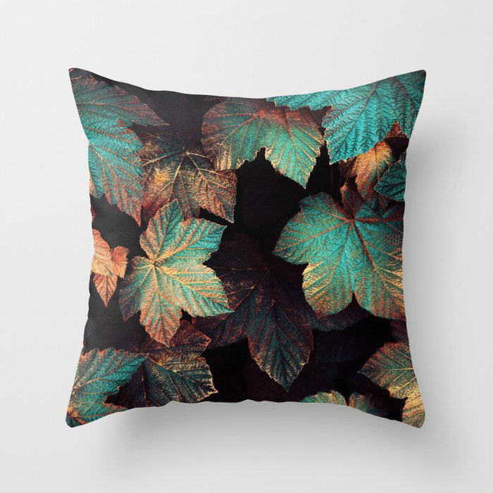 Copper And Teal Leaves Throw Pillow