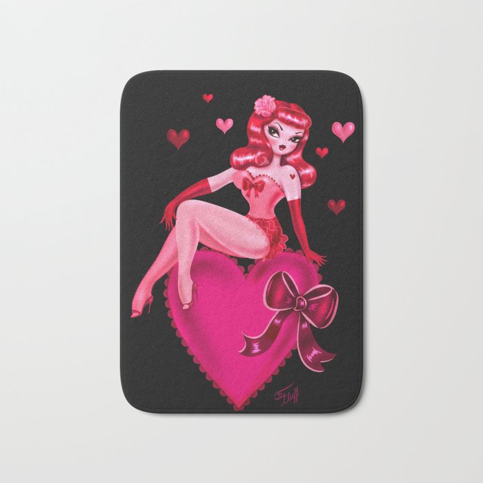 Retro Valentine Redhead Pinup Doll on a Big Heart Bath Mat