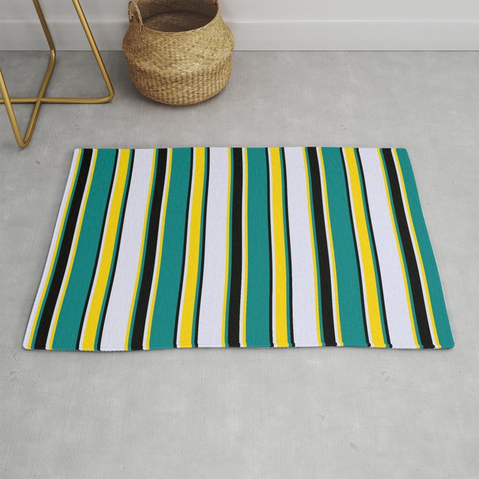 Teal, Yellow, Lavender & Black Colored Striped Pattern Rug