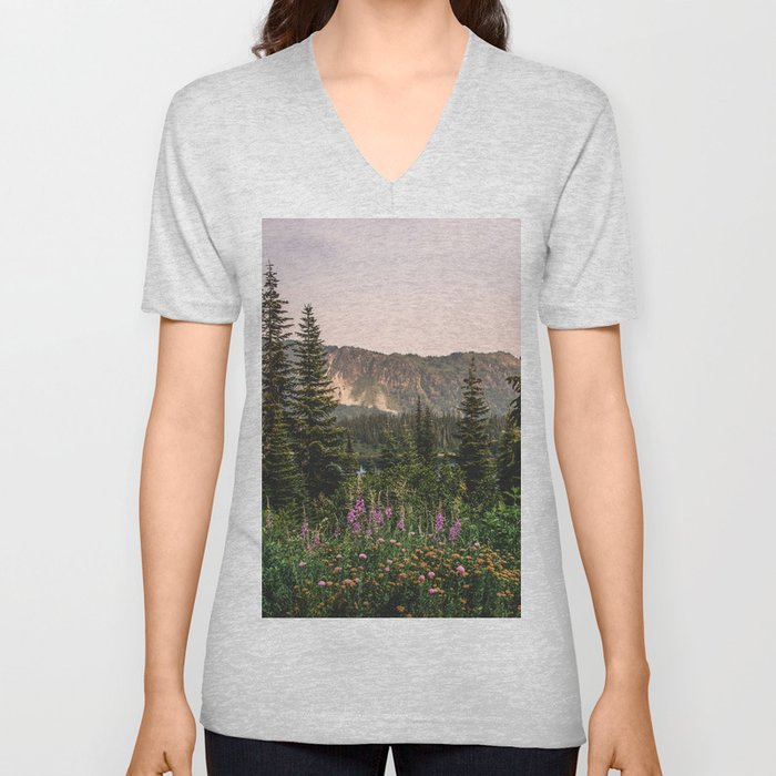 Mount Rainier Wildflower Adventure VII - Pacific Northwest Mountain Forest Wanderlust V Neck T Shirt