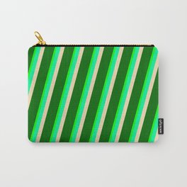 [ Thumbnail: Lime, Green, Tan & Dark Green Colored Striped/Lined Pattern Carry-All Pouch ]