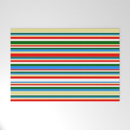 [ Thumbnail: Colorful Blue, Tan, Red, White, and Dark Green Colored Striped/Lined Pattern Welcome Mat ]