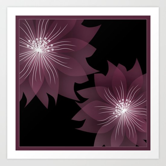 Burgundy flowers on black background . Art Print