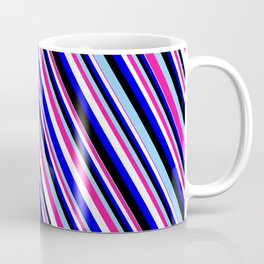 [ Thumbnail: Eyecatching Light Sky Blue, Deep Pink, White, Blue & Black Colored Lines Pattern Coffee Mug ]